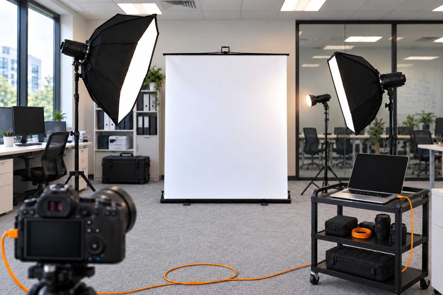 Mobiles Teamfotos-Studio in einem Unternehmensbüro, KI-Visualisierung